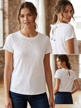 Lauren Ralph Lauren White Eyelet Lace Keyhole Back Short Sleeve Top - Large